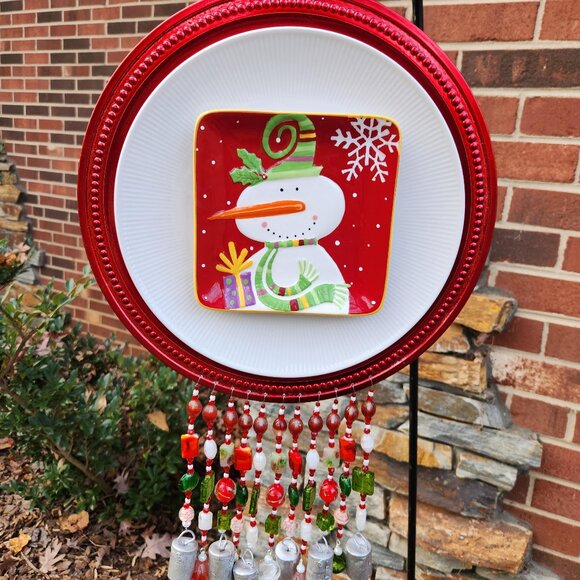 Christmas Snowma Plate Dish Flower Windchime SunCatcher Lampwork Beads Tin Bells - Picture 1 of 3